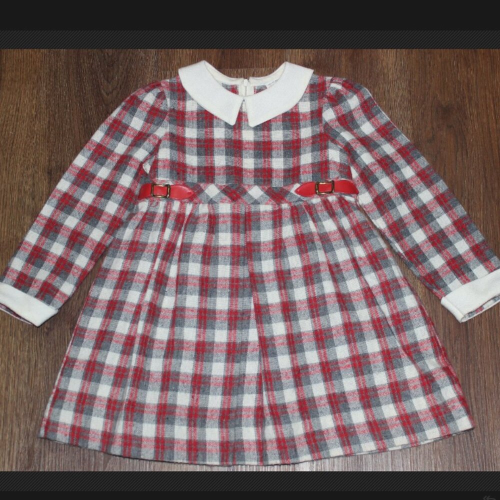 Vintage Girls Coming Things Red Gray White Plaid Collared Holiday Winter Dress 5